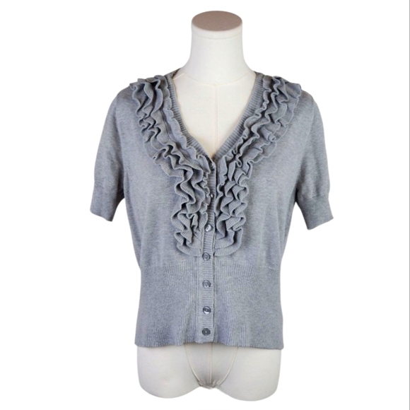 Worthington Gray Ruffle Front Cardigan Sweater Size Large Short Sleeve - Picture 1 of 6